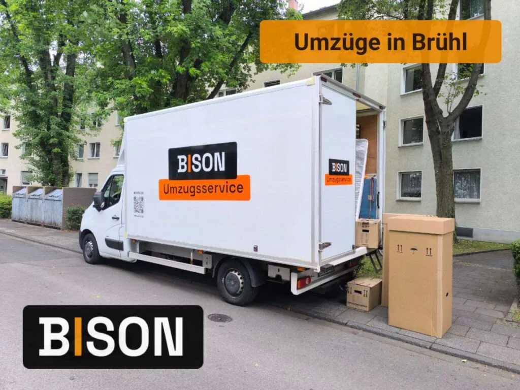 LKW und Umzugskartons von Bison-Transport für einen Umzug in Brühl